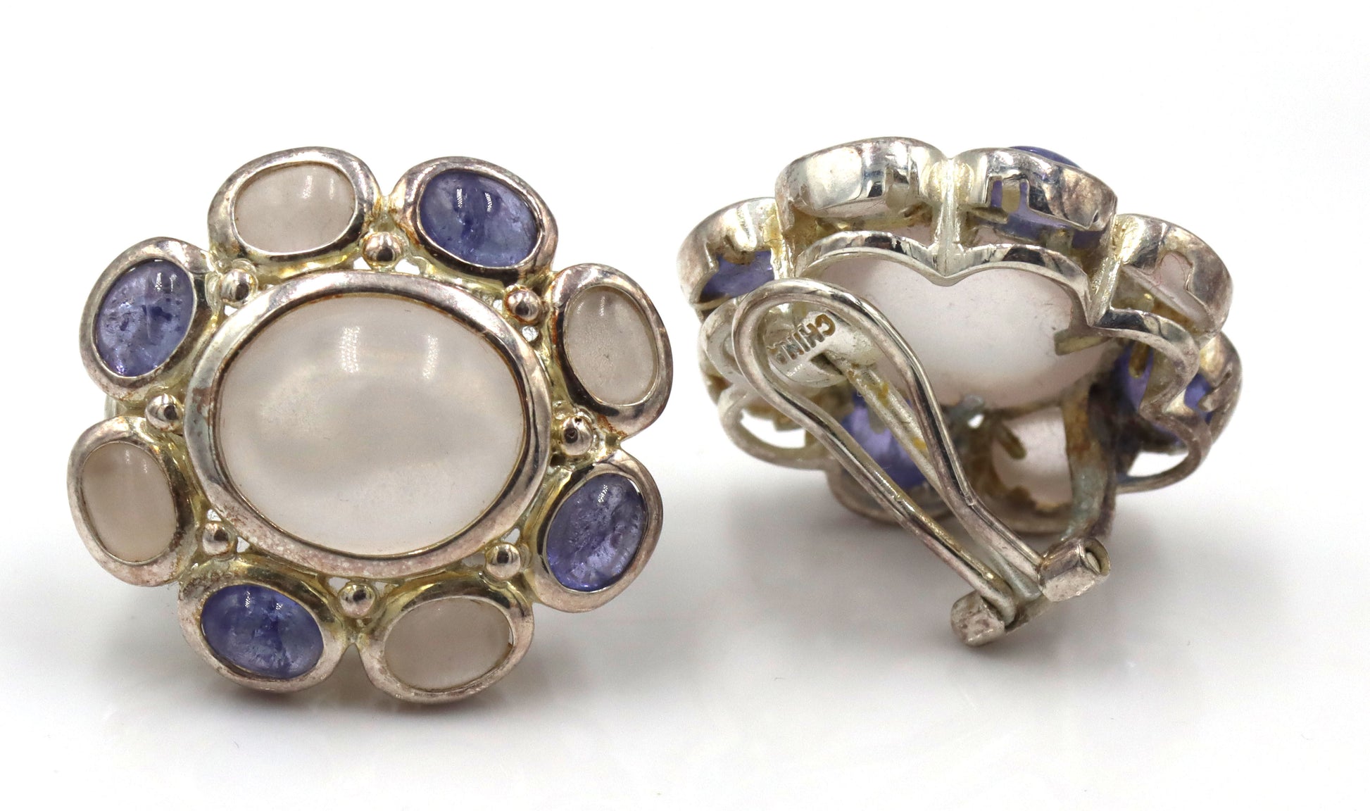 925 Sterling Silver Blue Calcedoney And Quartz Set Of Earrings And Ring