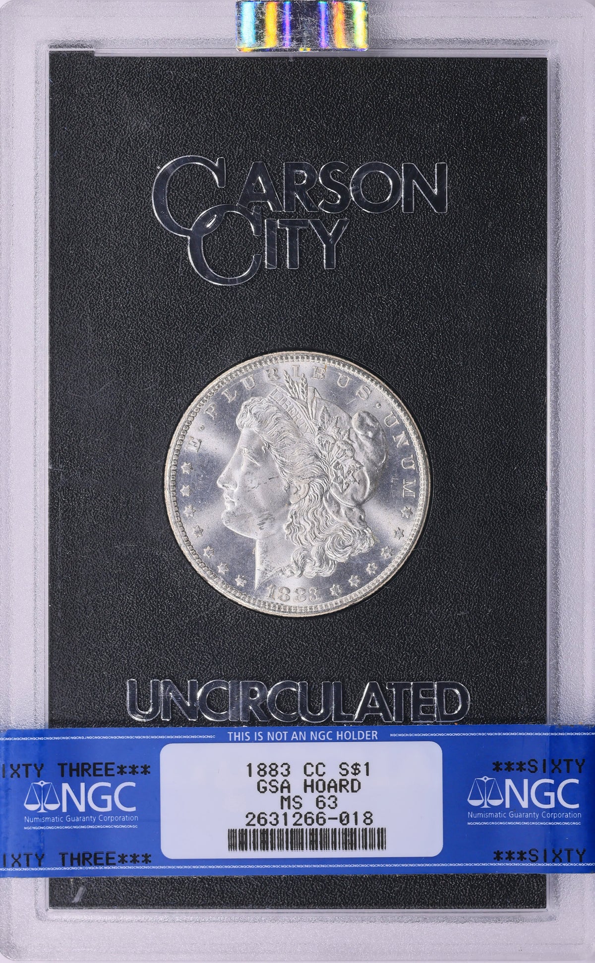 1883-CC Morgan Silver Dollar GSA Hoard NGC MS-63 (Uncirculated, Carson City Holder)