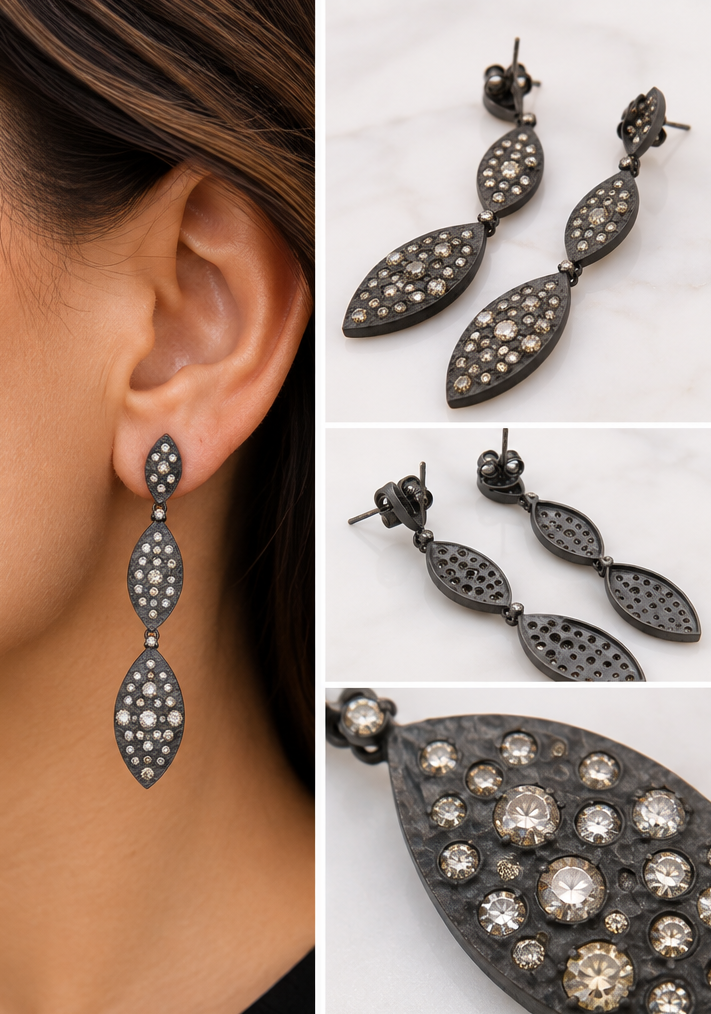 Gorgeous Oxidized Sterling Silver Earrings with Diamonds