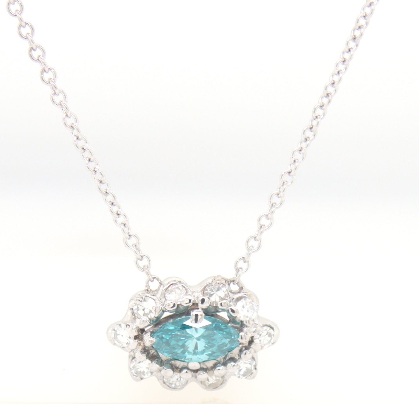 14kt White gold IR Teal and diamond necklace