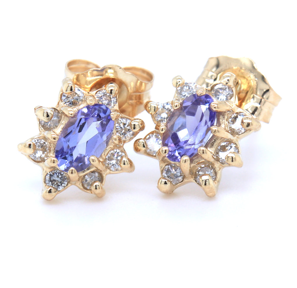 14kt Yellow gold oval Tanzanite and diamond flower earrings