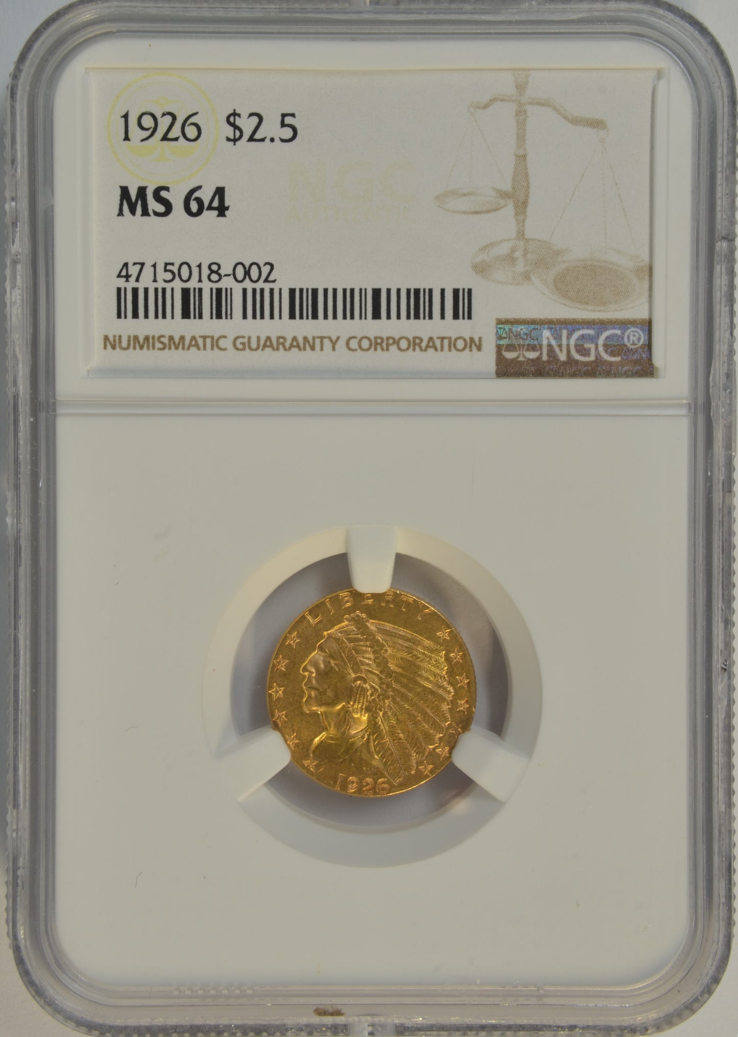 1926 $2.50 Indian Gold Quarter Eagle NGC MS64