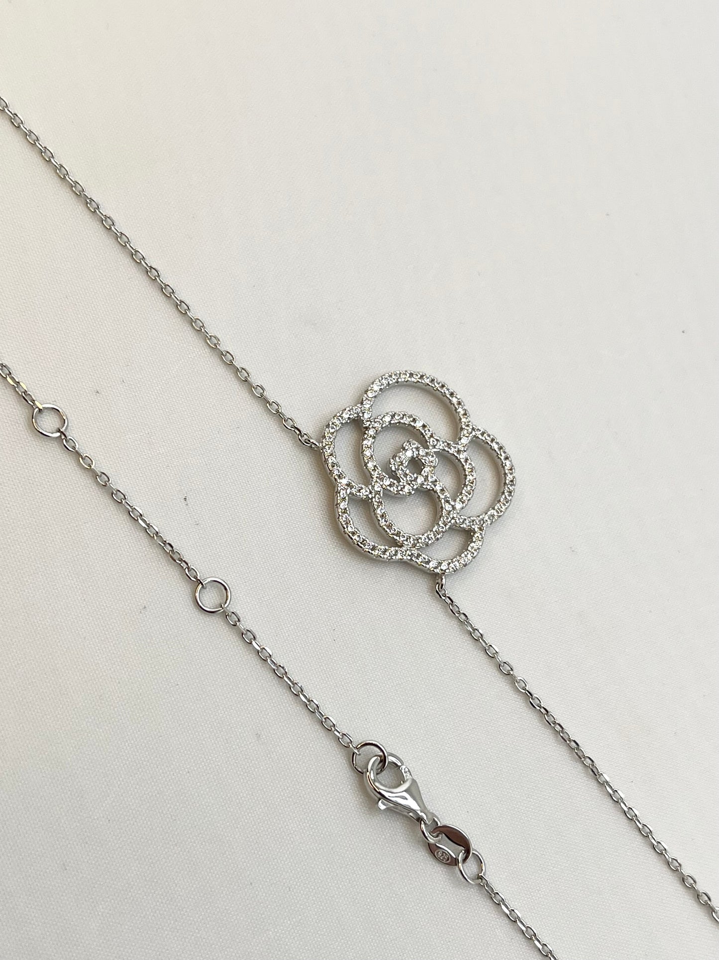 925 Sterling Silver Crystal Pave Camelia Flower Pendant