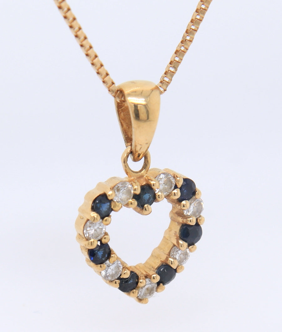 Charming 14KT Yellow Gold Sapphire and Diamond Heart Shaped Pendant on Chain