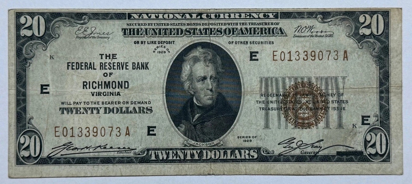 1929 $20 Federal Reserve Bank Note Richmond, Virginia (District E) National Currency Series 1929
