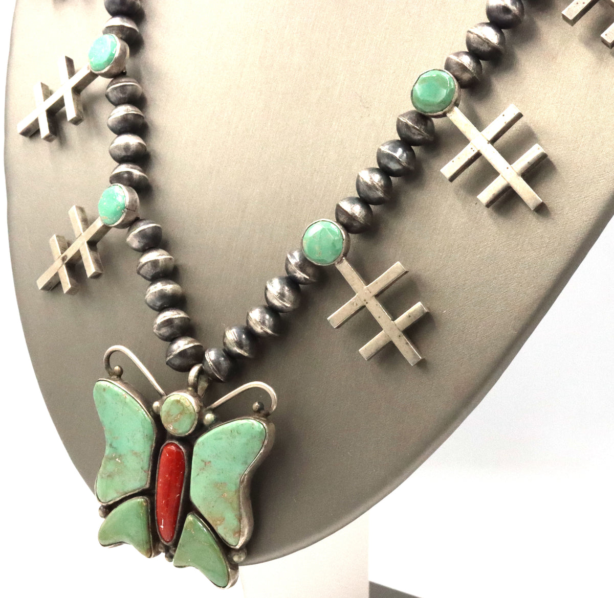 925 Sterling Silver Oscar Alexius Old Style Amertican Native Turquoise Butterfly Necklace
