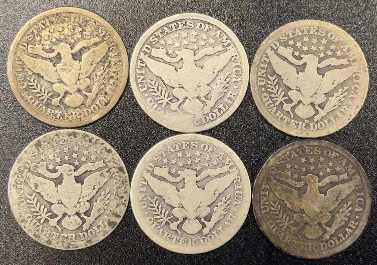 1892, 1892, 1899-O, 1909, 1909 & 1916 Barber Silver Quarter Dollar Coin Collection