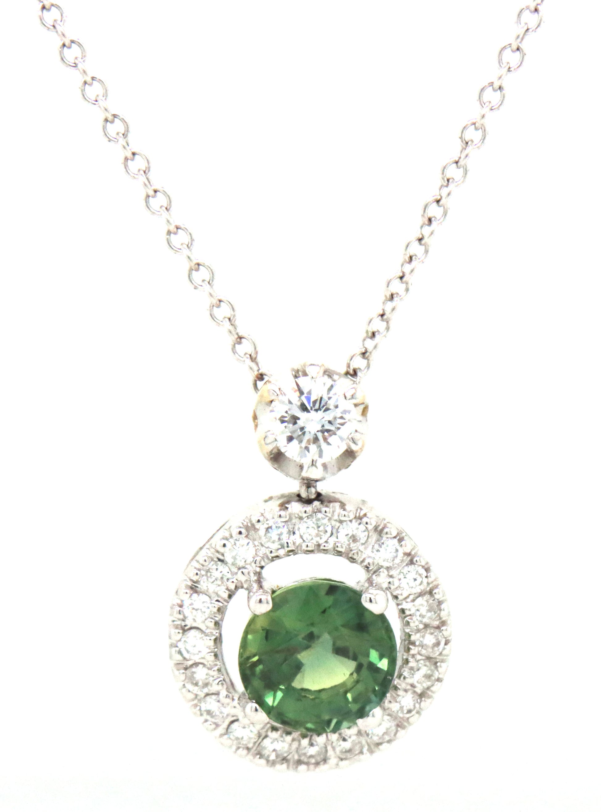 18kt White gold green sapphire and diamond pendant on chain