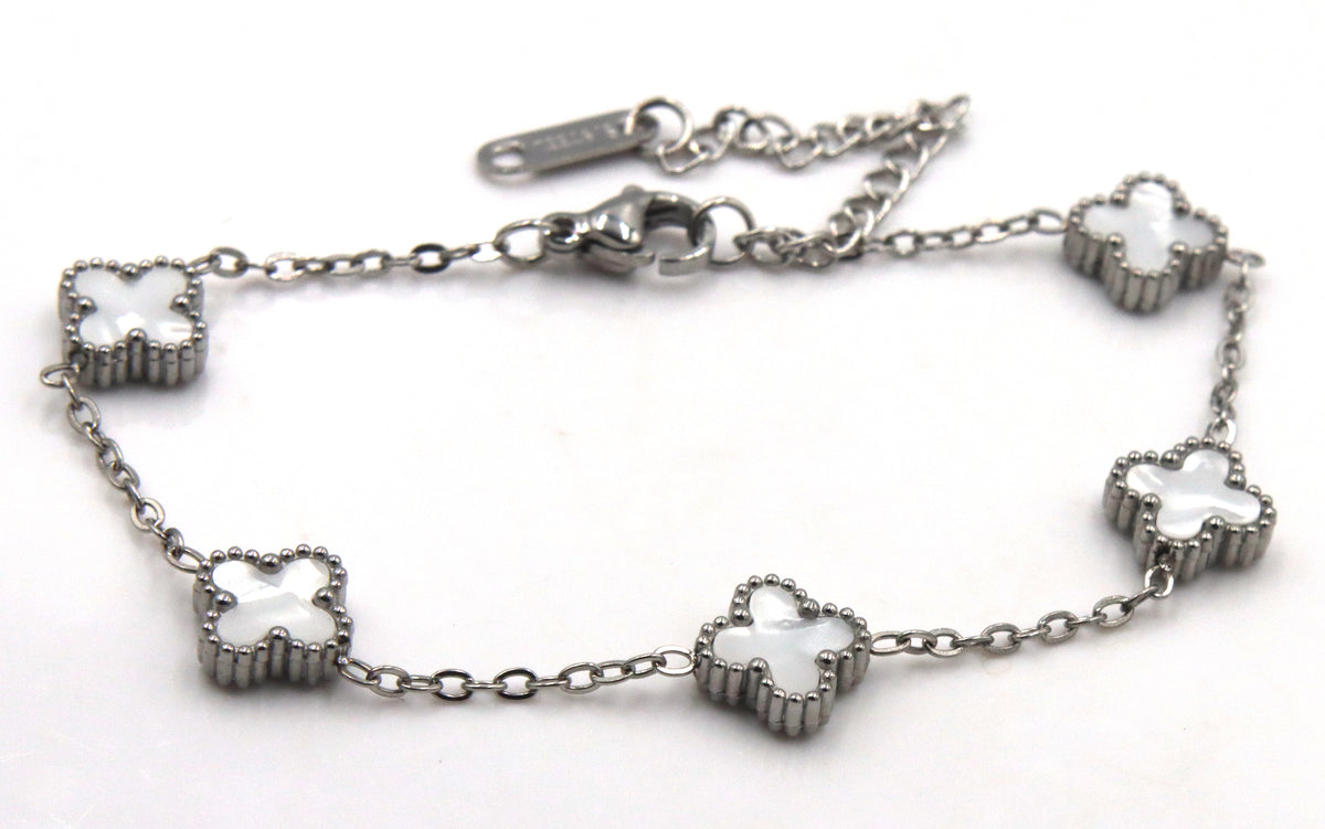 Stainless steel white stone clover station bracelet