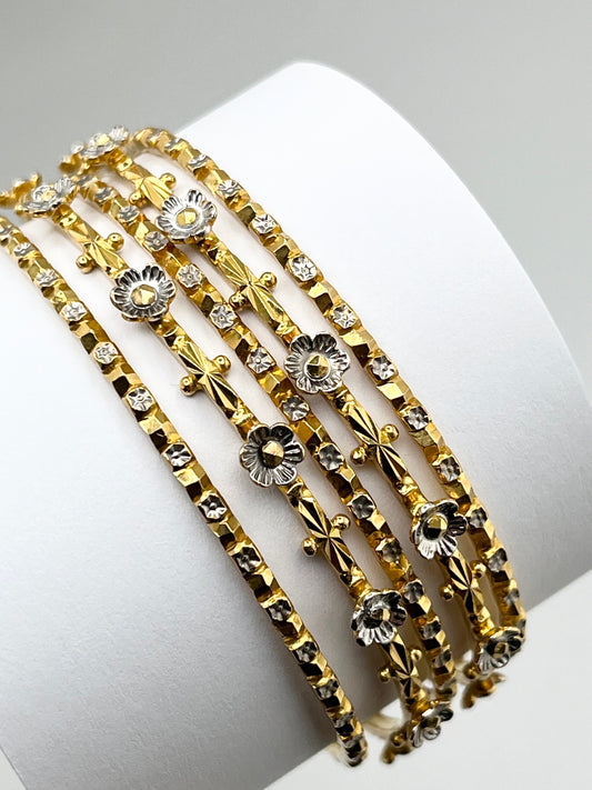 22KT Solid Yellow Gold Hand Made Set Of Five White Gold Flowe Design And Diamond Cut Finish Bangles