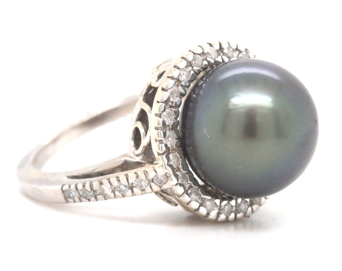 14kt White Gold Grey Tahitian Pearl and Diamond Halo Ring