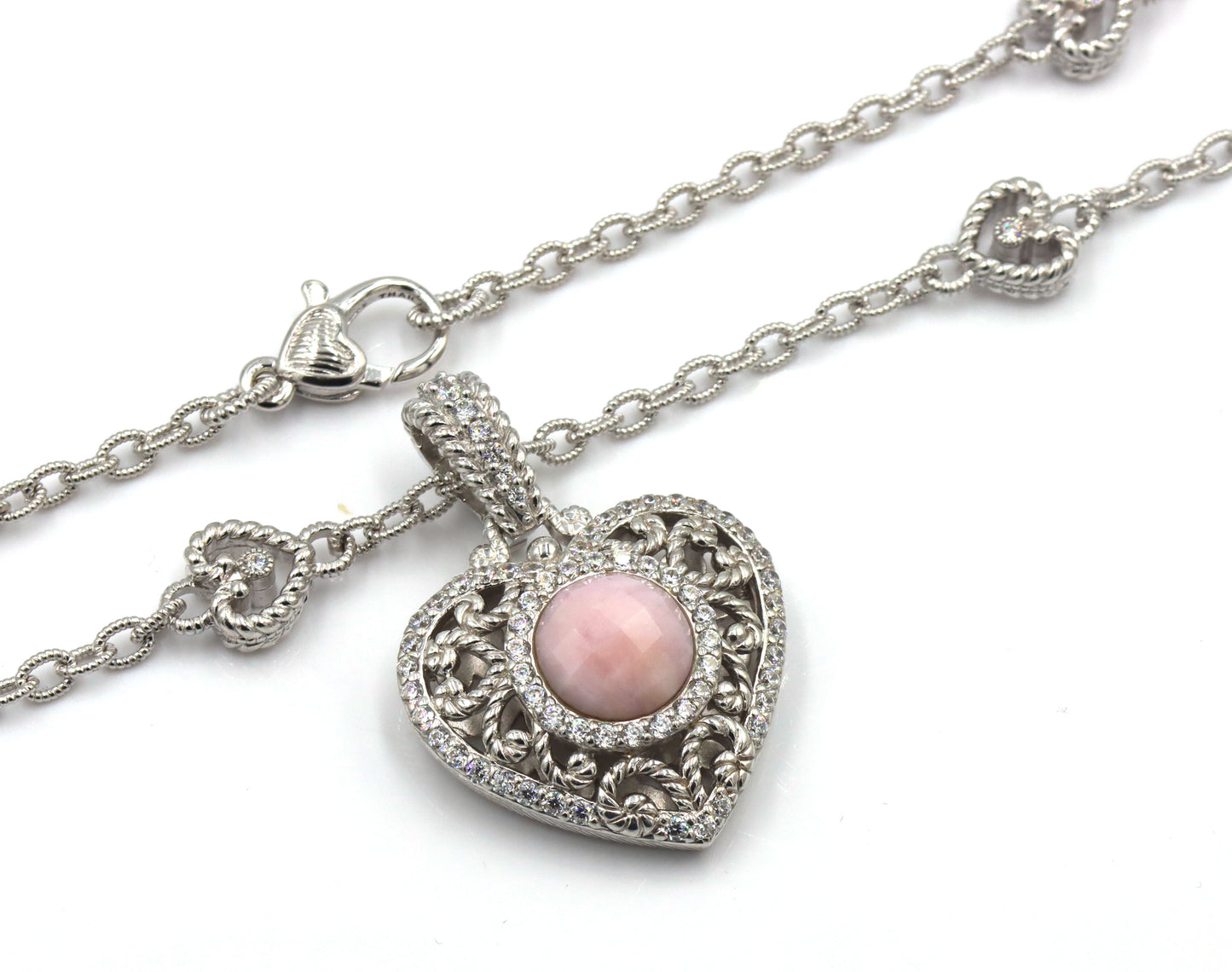 Judith Ripka silver heart station necklace with pink quartz heart enhancer