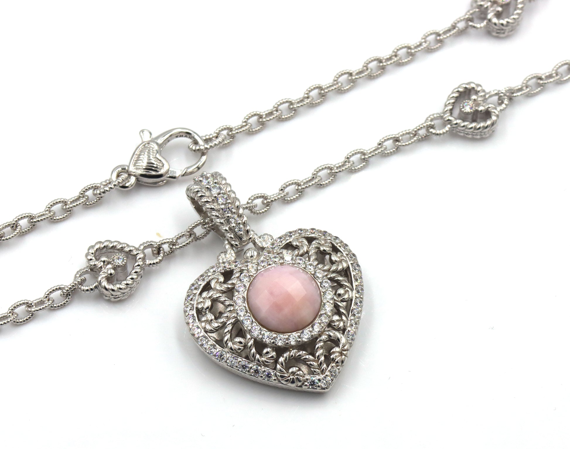 Judith Ripka silver heart station necklace with pink quartz heart enhancer
