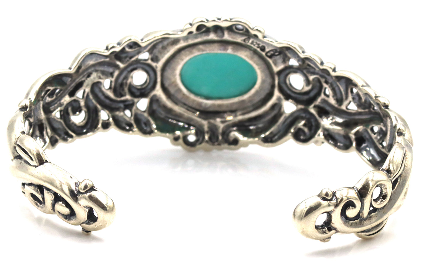 925 Sterling Silver Ornate Beatiful Filigree With Large Oval Turquoise Center Cuff Bracelet