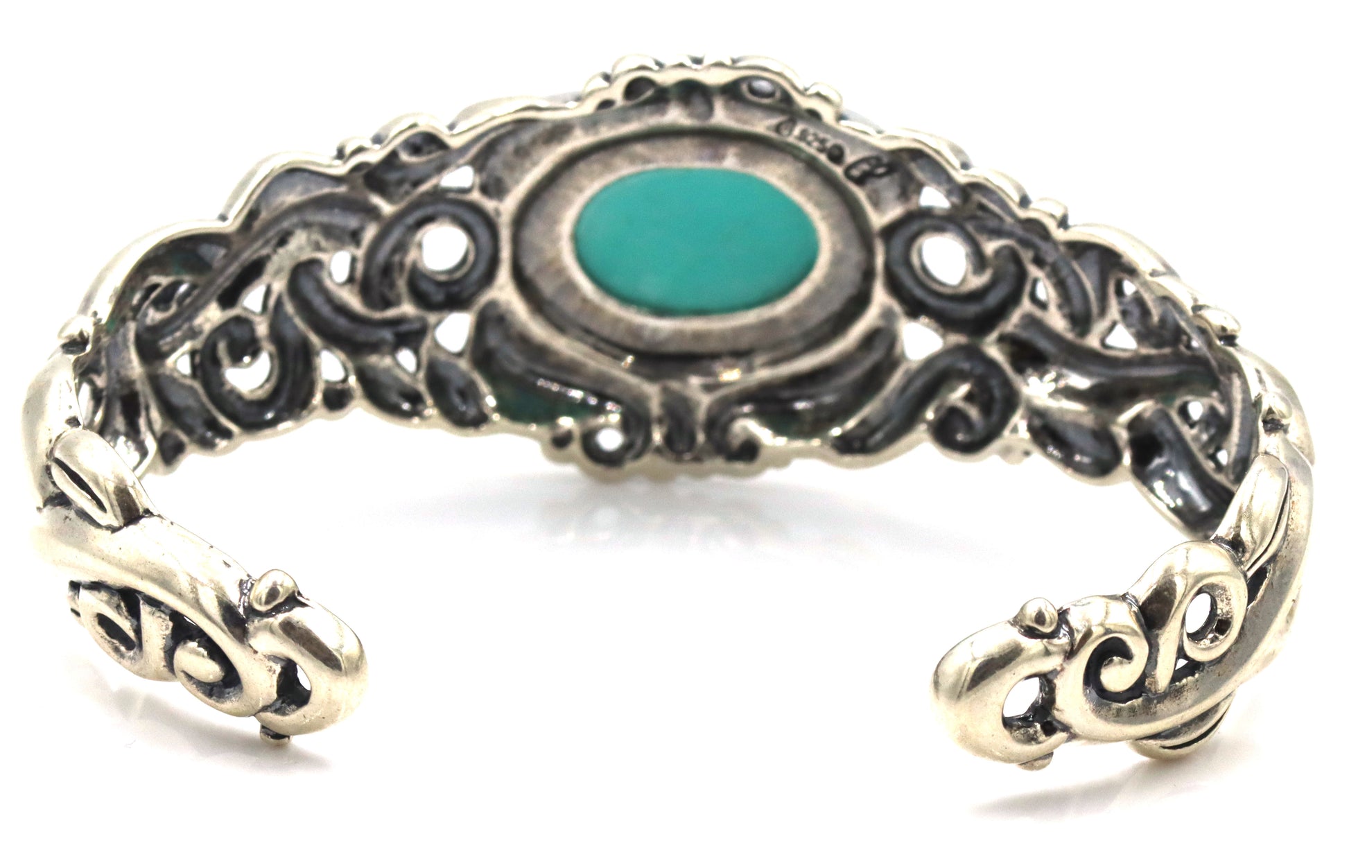 925 Sterling Silver Ornate Beatiful Filigree With Large Oval Turquoise Center Cuff Bracelet