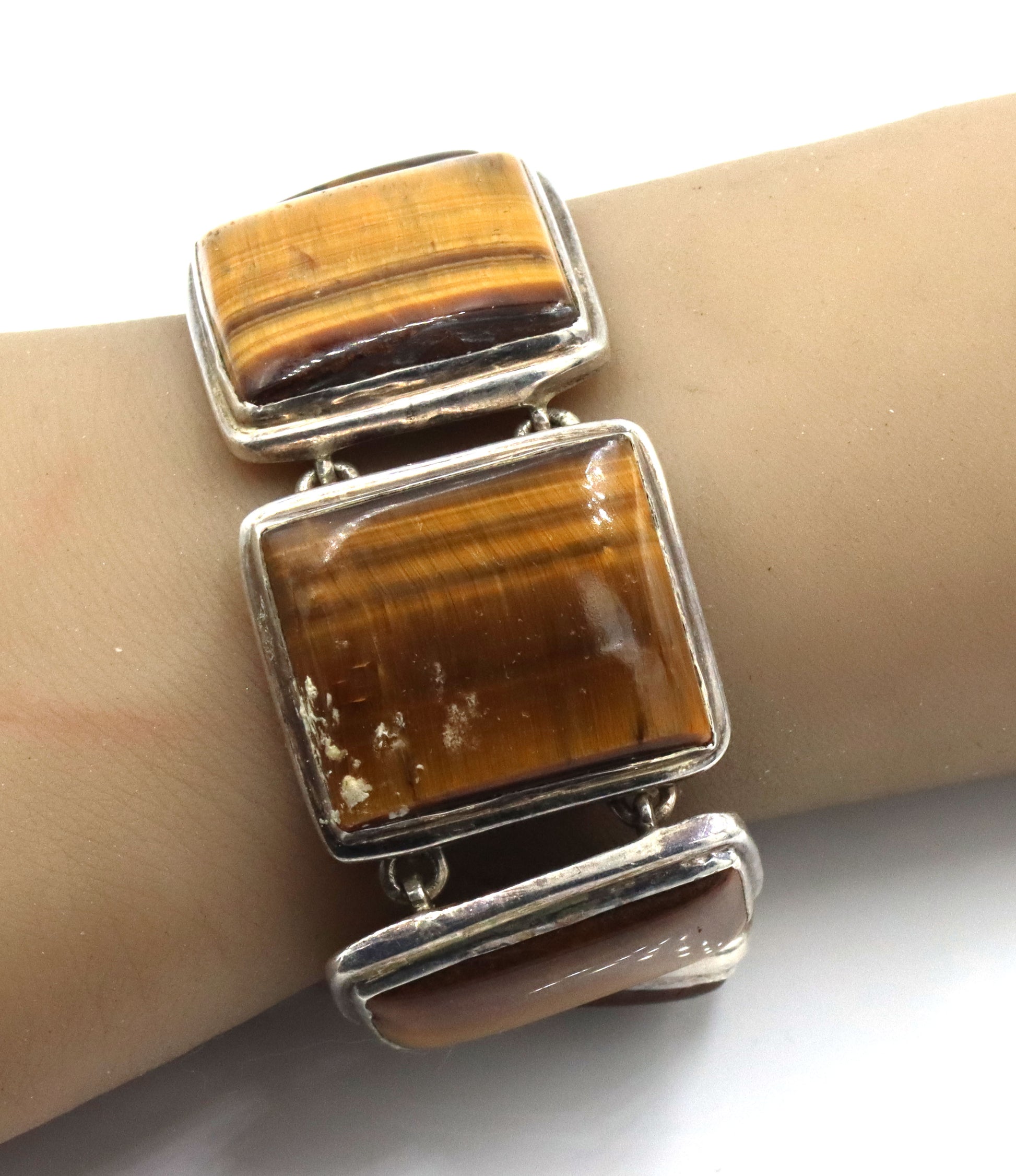 Vintage 925 sterling silver Tiger eye square link adjustable bracelet