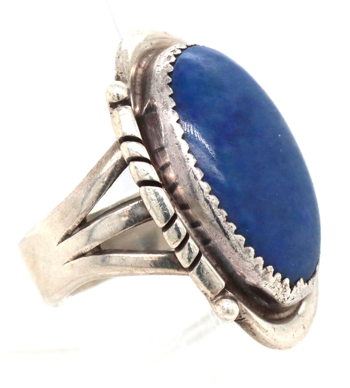 925 Sterling Silver Signed Vintage Navajo Oval Lapis With Decorative Twisted Wire Beaded Bezel Ring