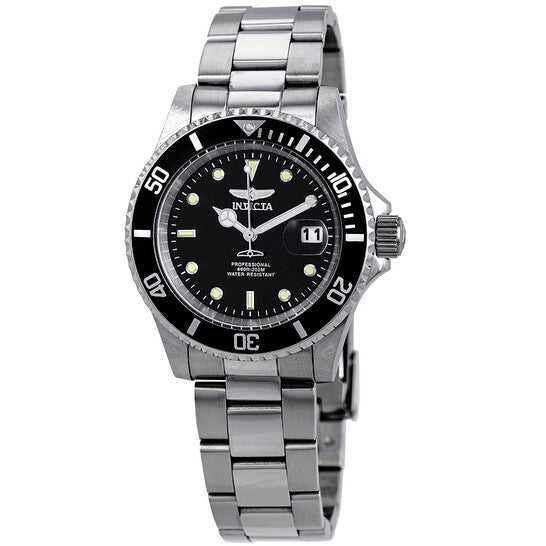 Invicta Pro Diver Men's Stainless Steel Watch – Black Dial, Silver-Tone Bracelet, 200M Water Resista