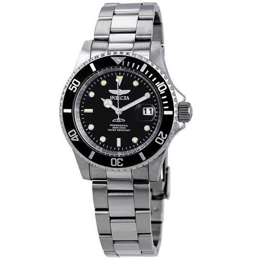 Invicta Pro Diver Men's Stainless Steel Watch – Black Dial, Silver-Tone Bracelet, 200M Water Resista