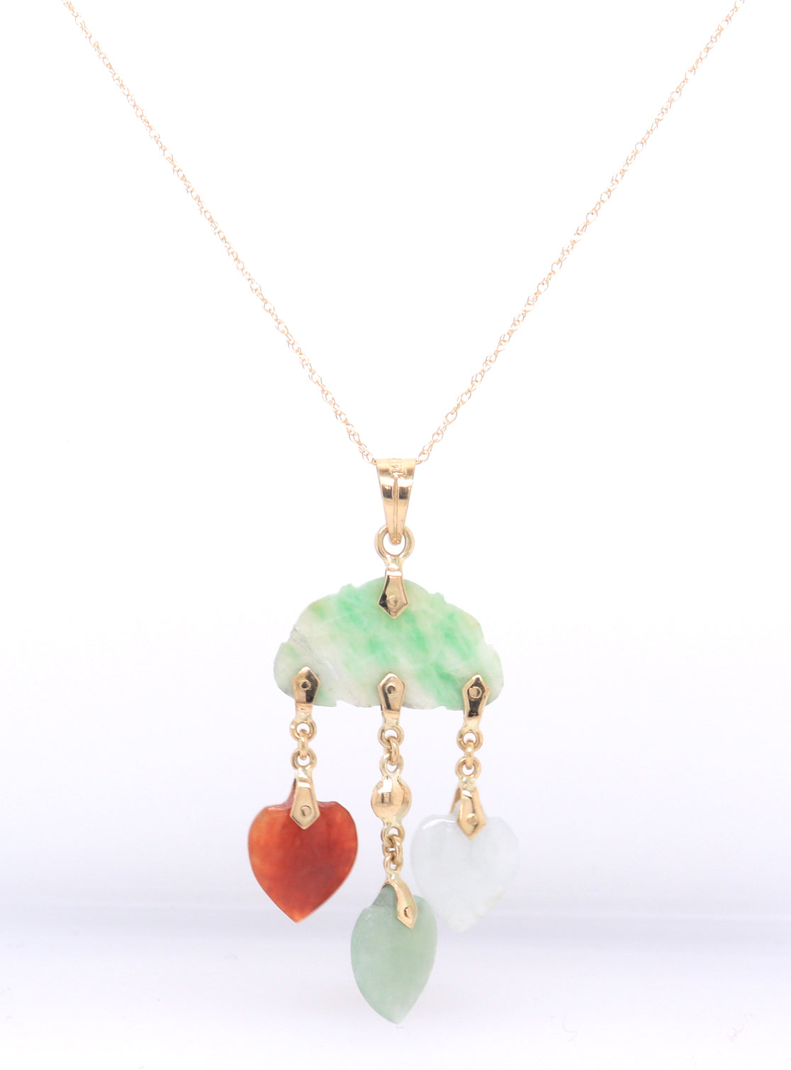 14kt Yellow gold multi color heart shaped Jade dangle necklace