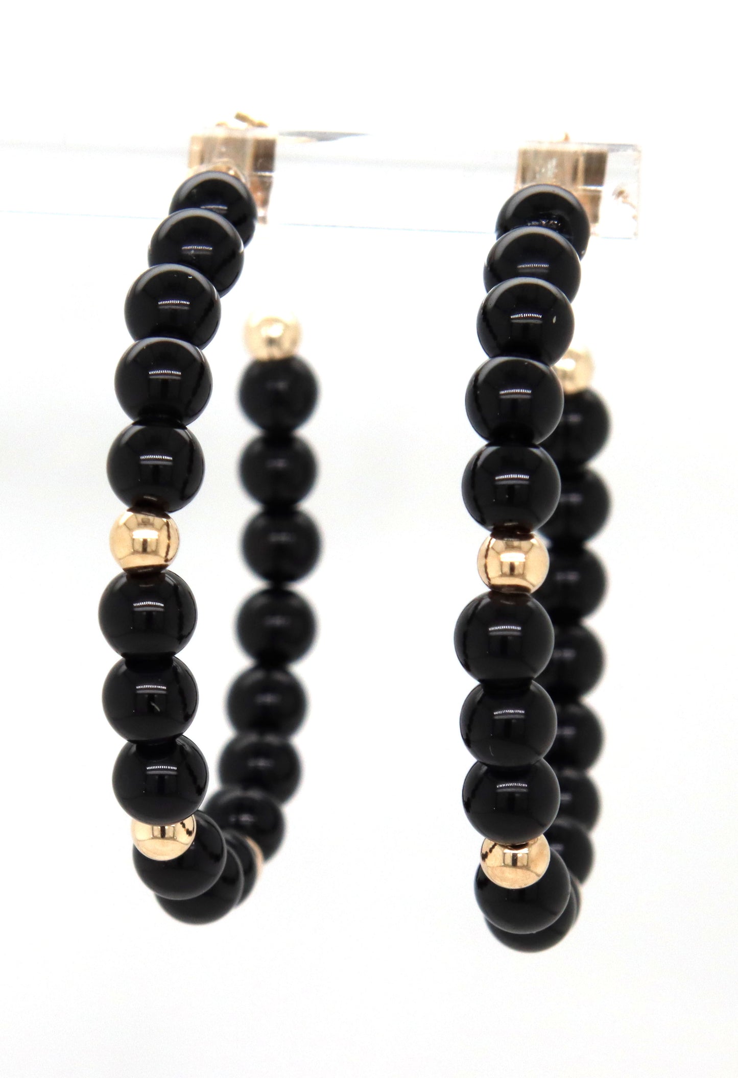 14kt Yellow gold black onyx and gold bead hoop earrings