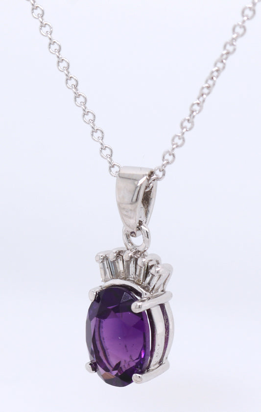 14kt White gold 1.20ctw amethyst and baguette diamond pendant on chain necklace
