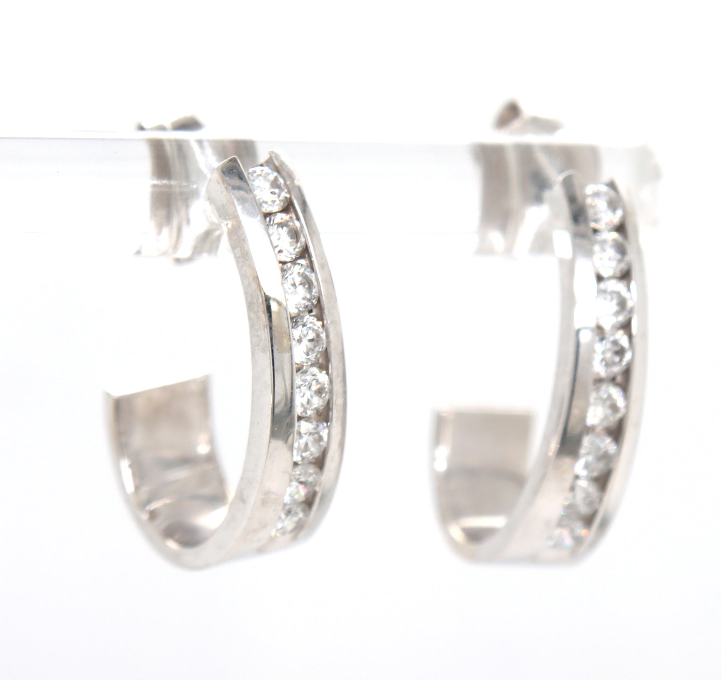 14kt White gold channel set J hoop earrings