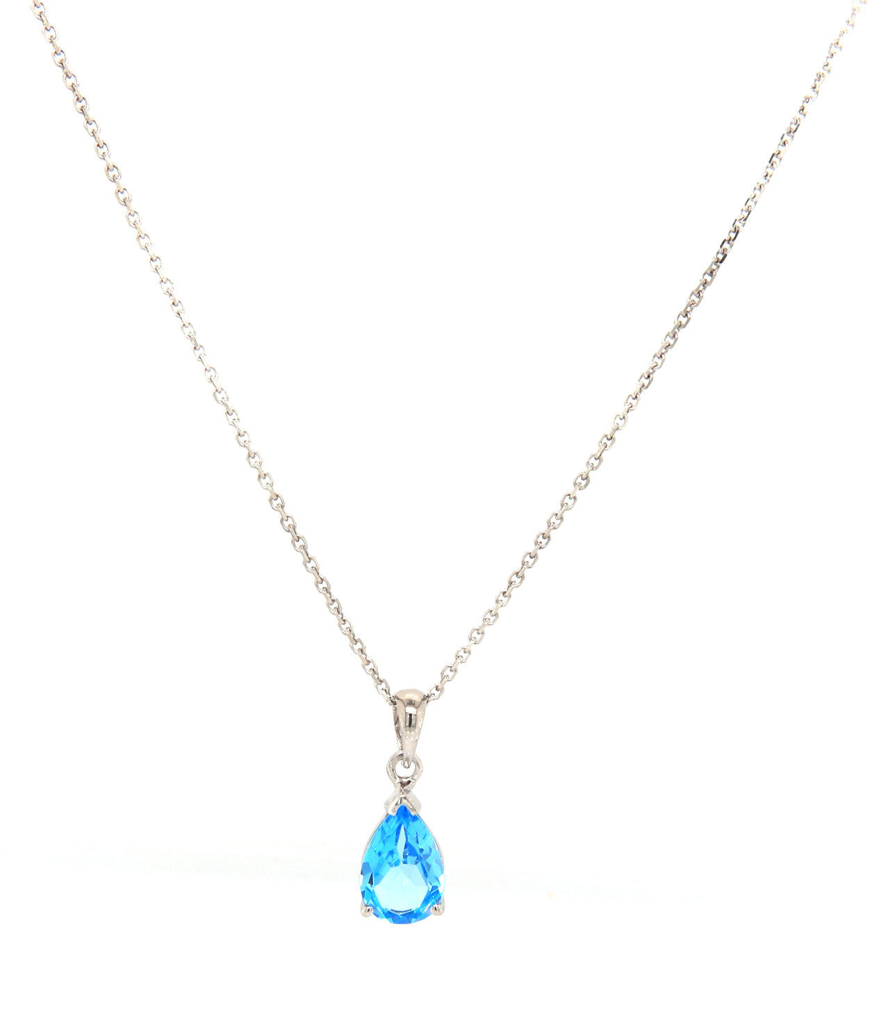 14kt White gold pear shaped blue topaz pendant on chain necklace