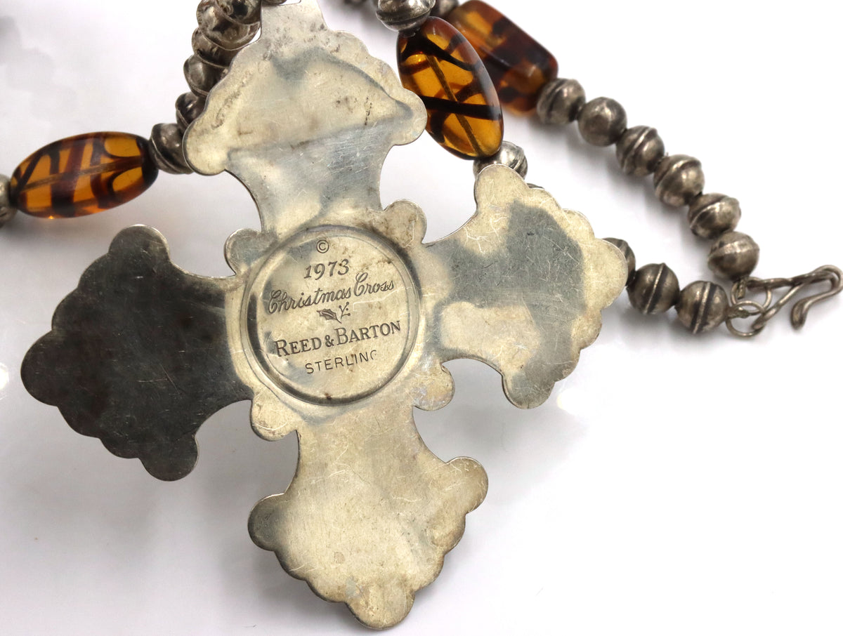 925 Sterling Silver 1973 Reed & Barton Large Cross Pendant  With Silver beads Necklace