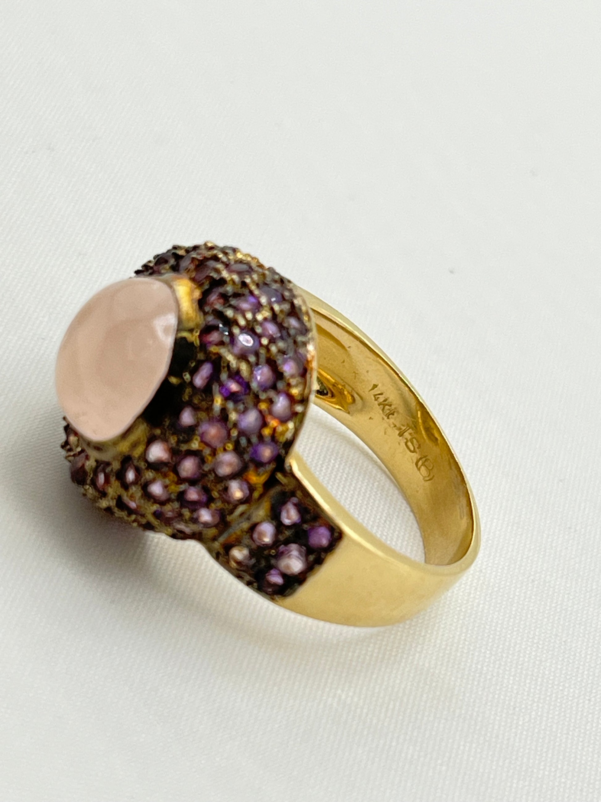 14KT Yellow Gold Cabochon Rose Quartz Center Stone Surrounded By Amethyst Halo Ring