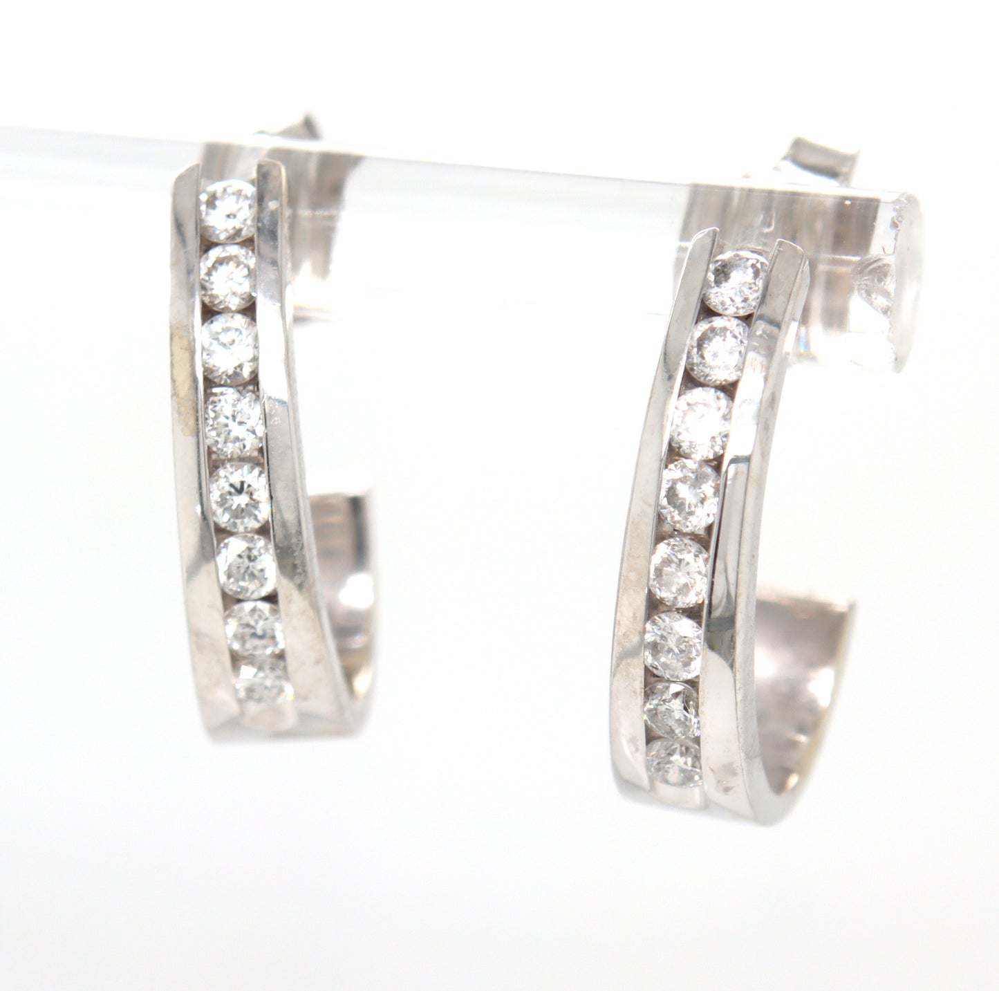 14kt White gold channel set J hoop earrings