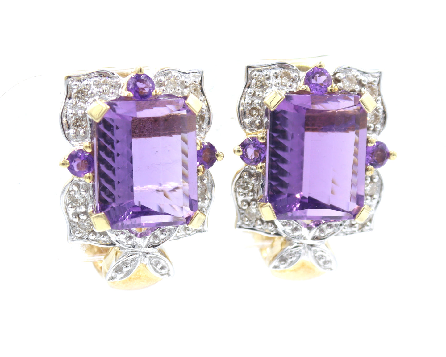 14kt two tone gold amethyst and diamond frame clip on earrings