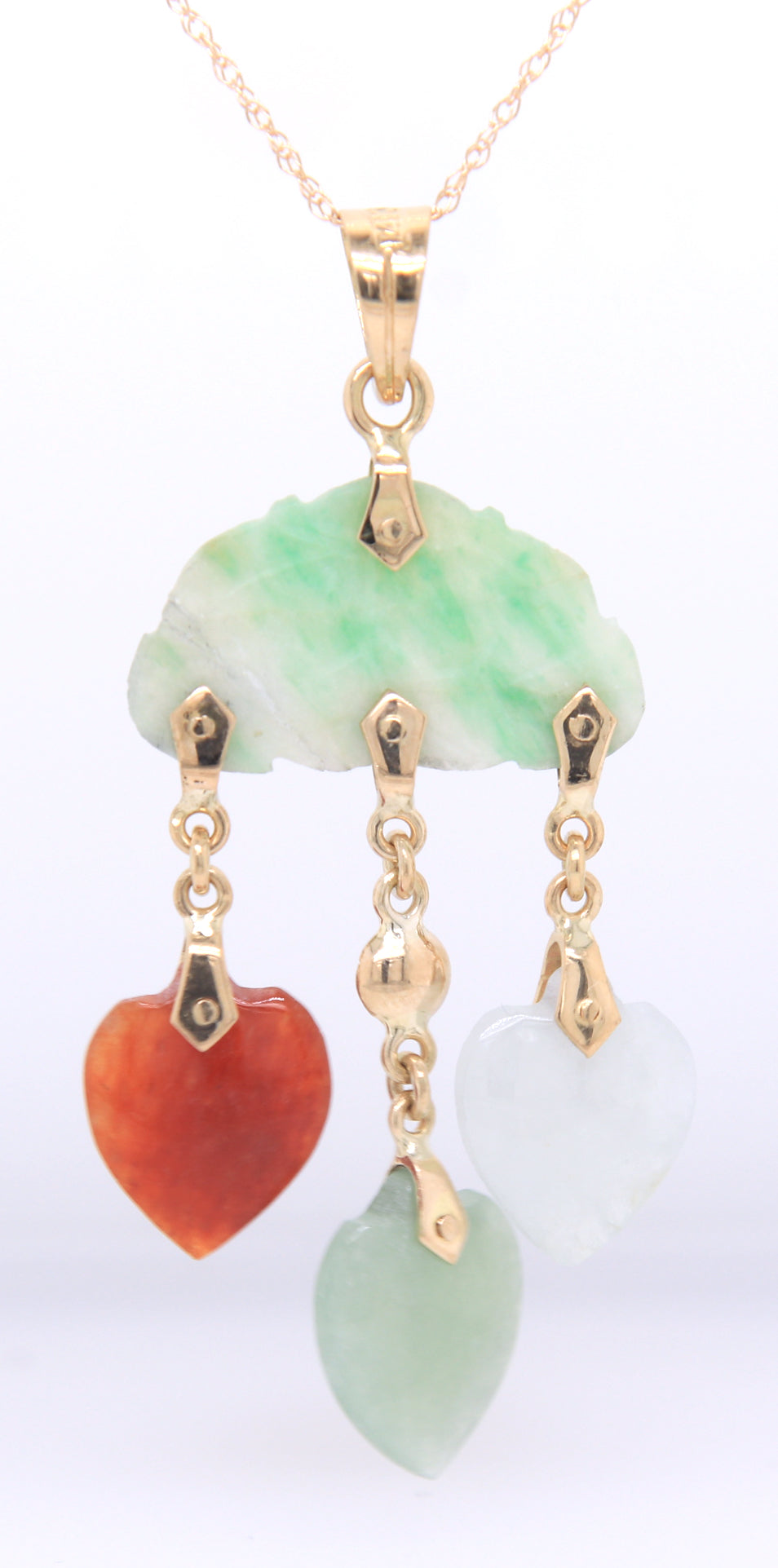 14kt Yellow gold multi color heart shaped Jade dangle necklace