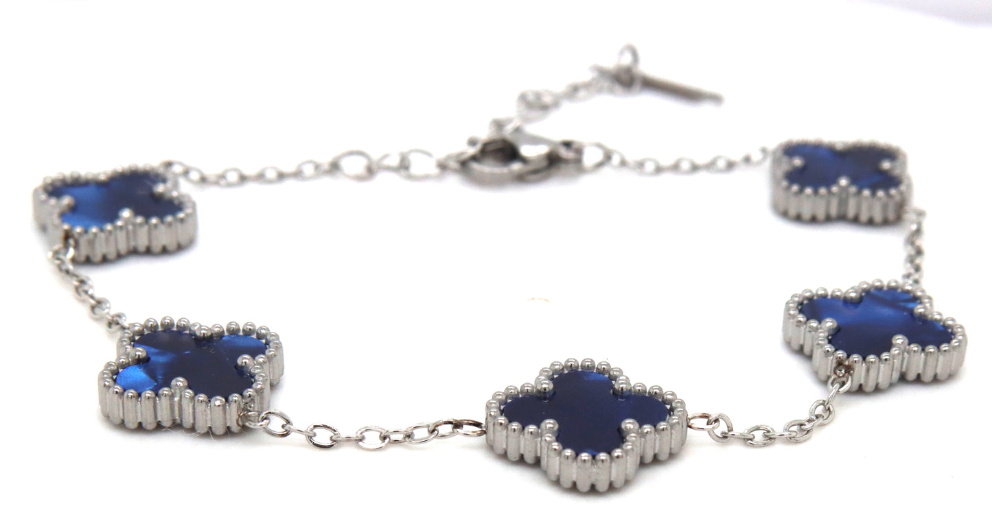 Stainless steel blue glass 5 clover bracelet