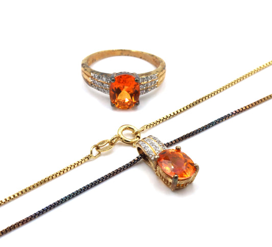 Set of 925 sterling silver orange stone pendant on Italian box chain necklace and matching ring