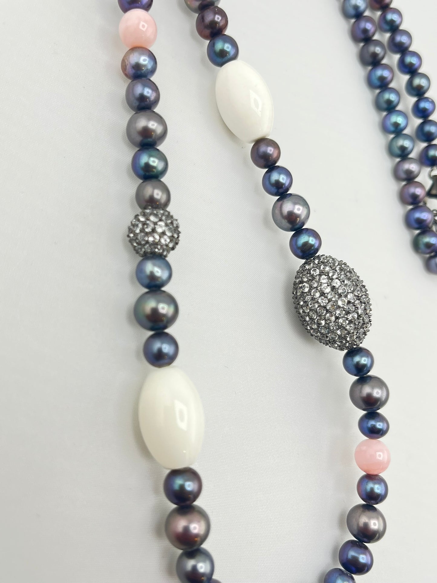 925 Sterling Silver Ross Simons Iridescent Gray And pinK Pearl With Rhinestone Accent Necklace