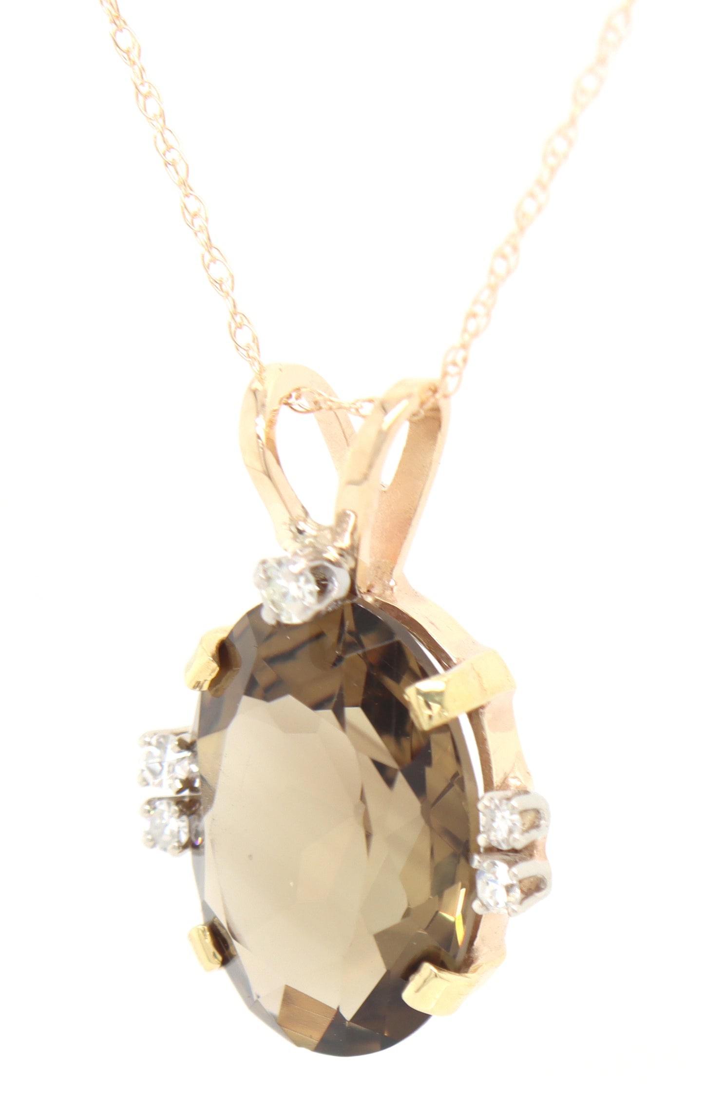 14kt Yellow gold Oval smokey quartz and diamond pendant on chain