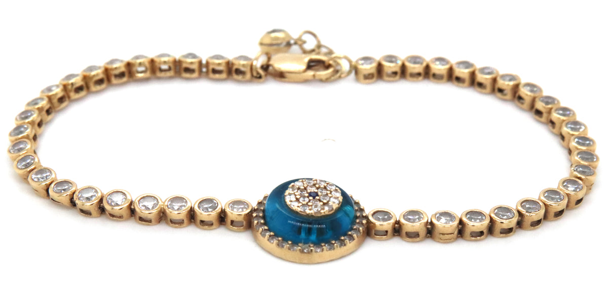 14KT Yellow Gold Blue Evil Eye CZ Tennis Bracelet