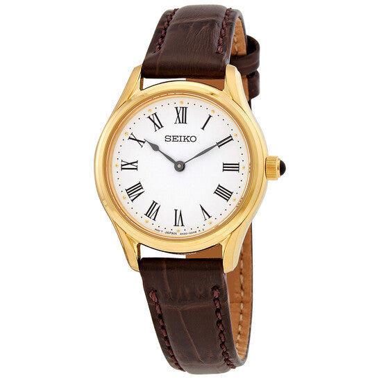 Seiko Women’s Quartz Dress Watch White Dial Gold-Tone Case Brown Leather Strap