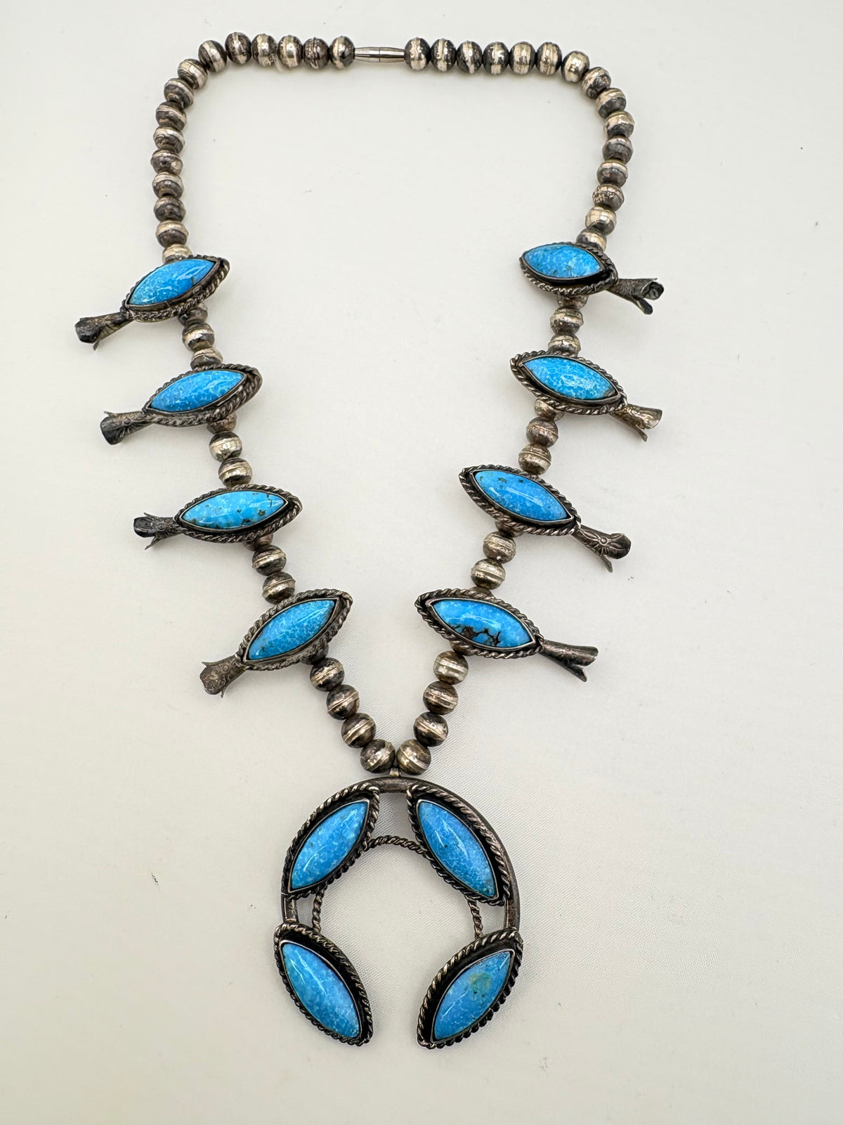 925 Sterling Silver Vintage Native American Turquoise Squash Blossom Necklace With Central Naja Pend