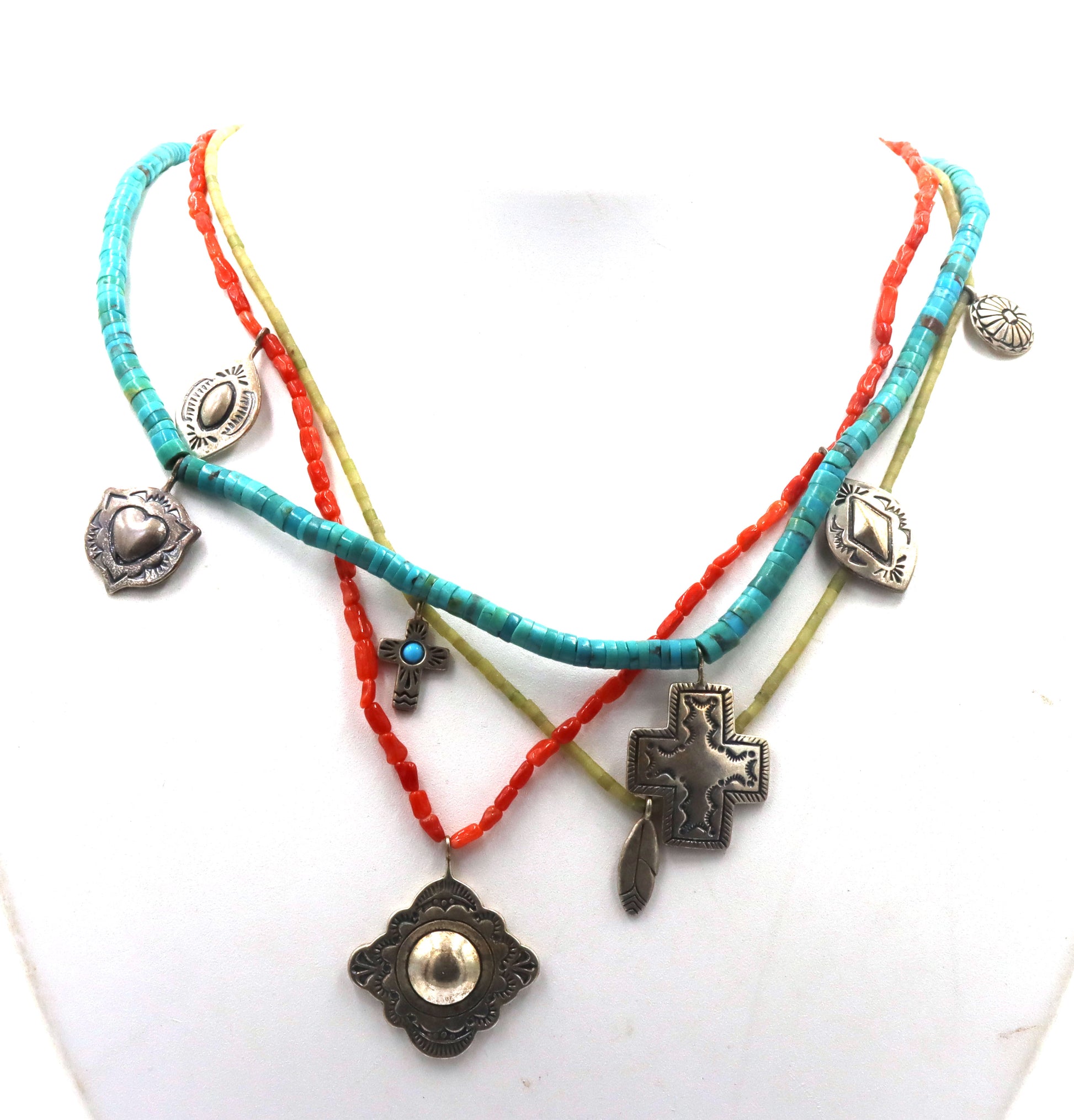 American Indian Navajo 3 strand turquoise and coral necklace with charms