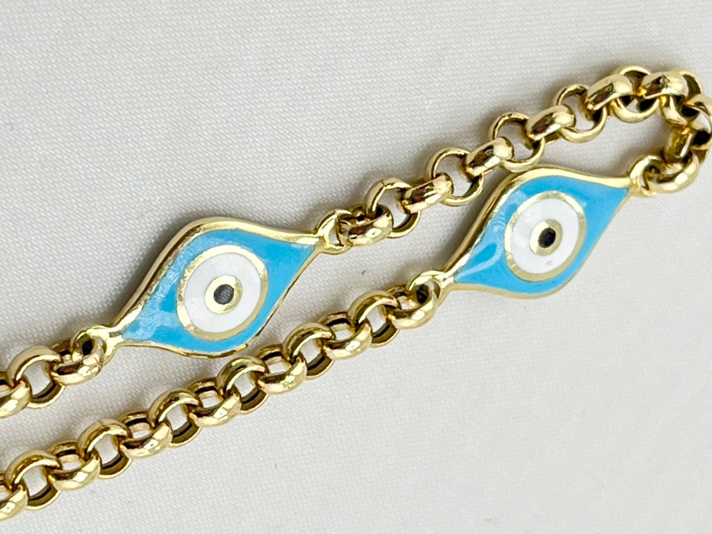 14KT Yellow Gold Two Different Enamel Color Evil Eye With Rolo link Chain