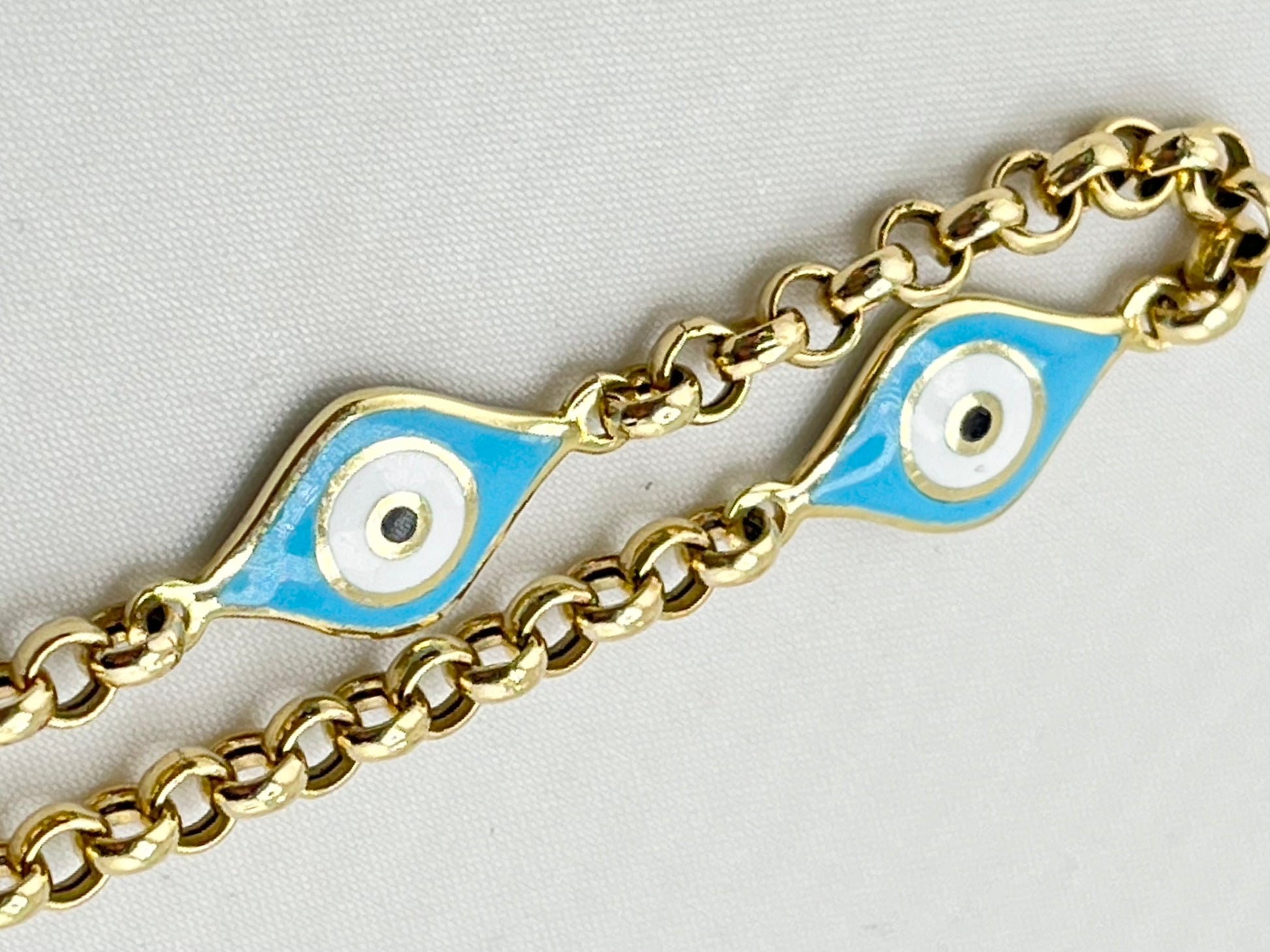 14KT Yellow Gold Two Different Enamel Color Evil Eye With Rolo link Chain