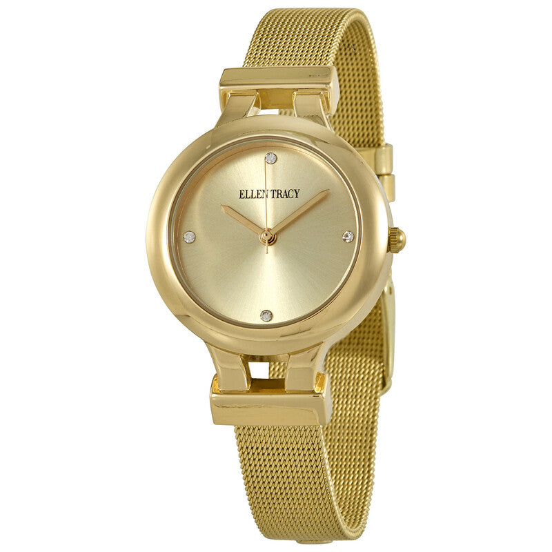 Ellen Tracy Womens Gold Tone Stainless Steel Mesh Bracelet Quartz Dress Watch