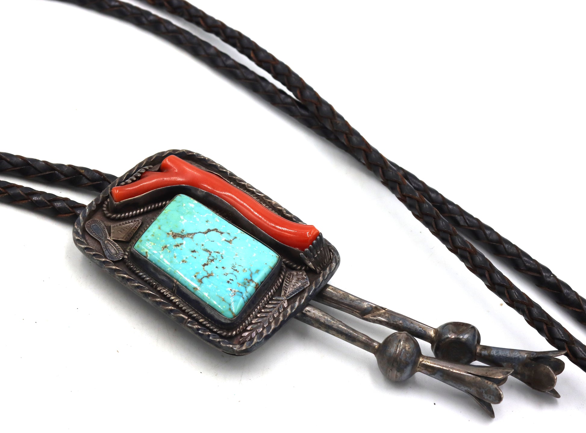 Vintage 925 sterling silver turquoise and coral Bolo tie
