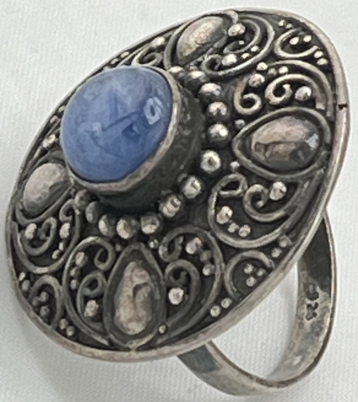 925 Sterling Silver Vintage Etruscan Revival Design Blue Opal Ring