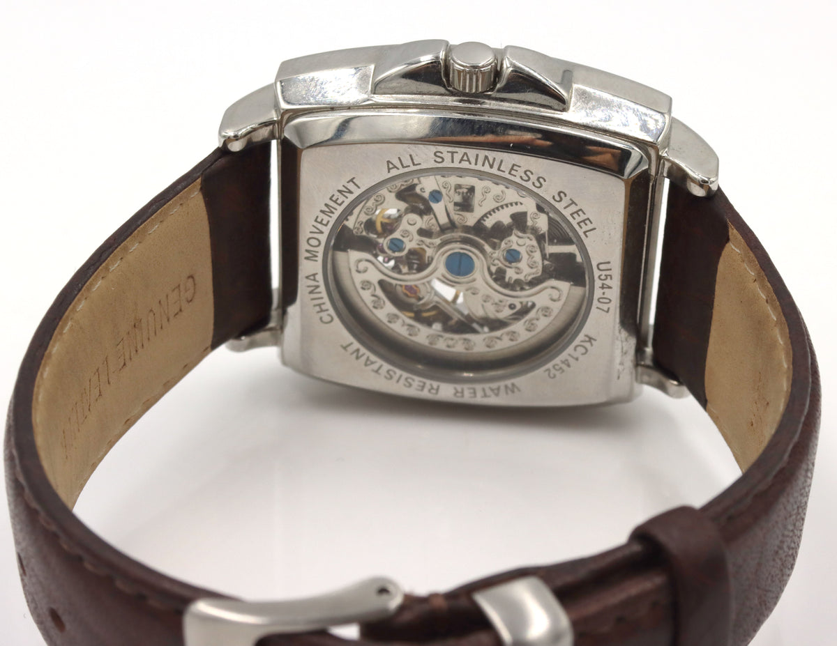 Kenneth Cole Tank Skeleton leather band watch