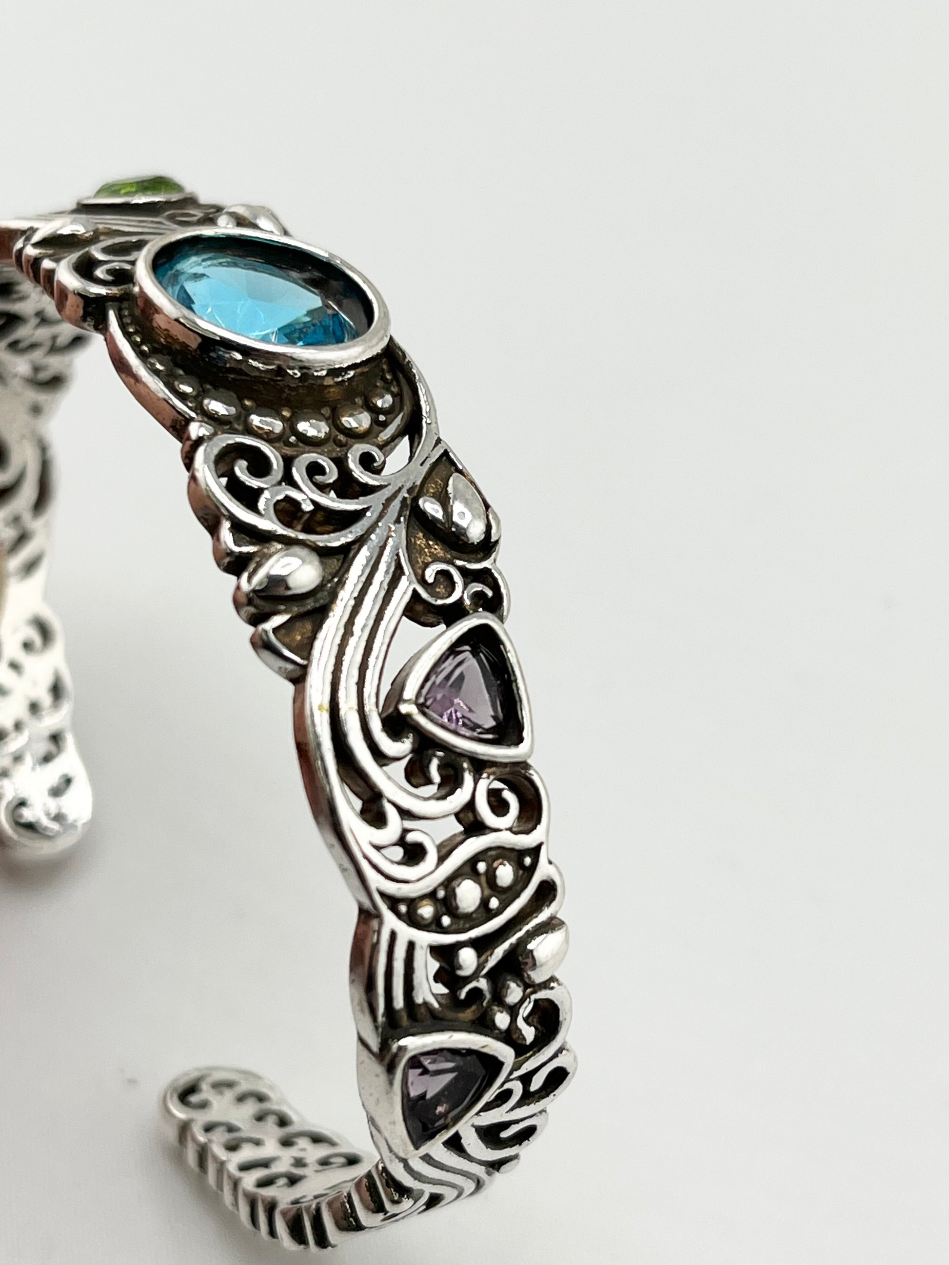 925 Sterling Silver Filigree Design Multi Volor Gemstone Cuff Bracelet