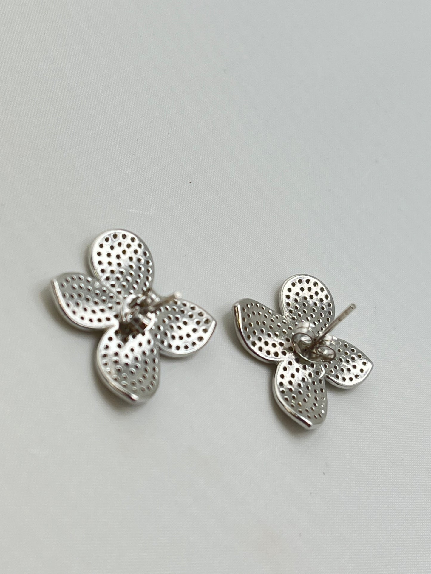925 Sterling Silver Crystal Pave Four Petal Floral Motif Earrings