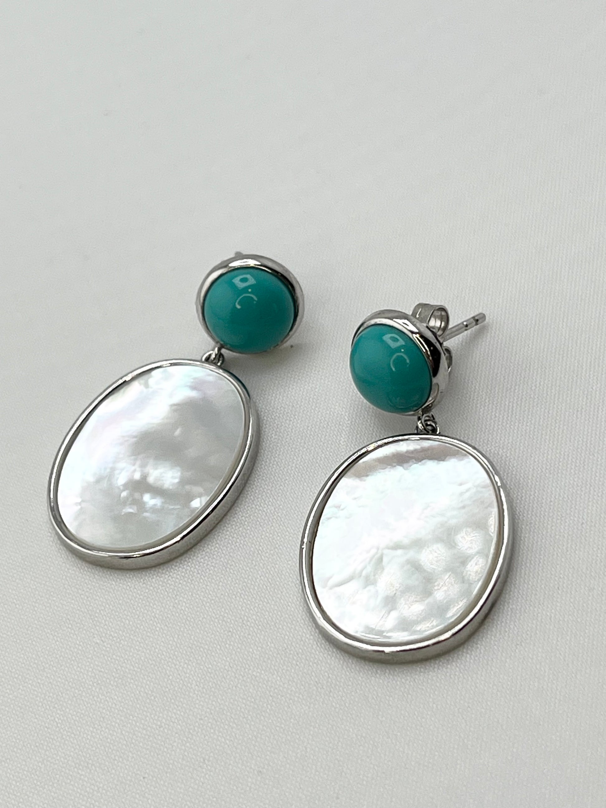 925 Sterling Silver Drop Turquoise And White MOP Earrings